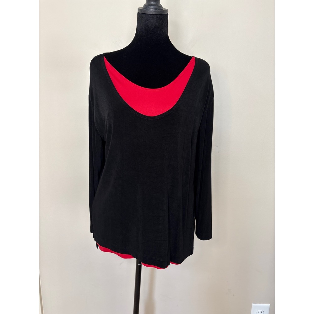 Chicos Travelers Black Red Layered Look Long Sleeve Scoop Neck Top Size 2 Large